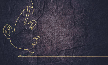 Face side view. Elegant outline silhouette of a female head. Portrait of a happy smiling woman. Thin line styleの写真素材