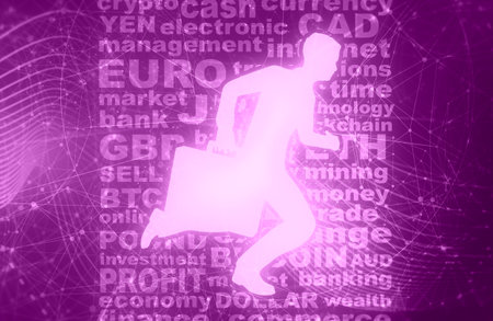 Businessman running with briefcase. Abstract illustration. Modern lifestyle metaphor. Word collage relative to trading.の写真素材