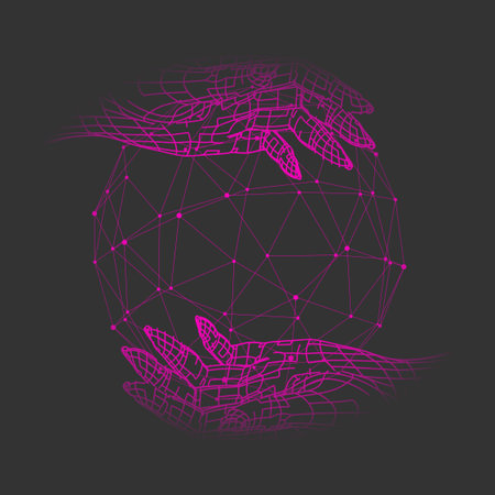 Polygonal hands and sphere. Wire frame style. 3d human parts. Connected lines with dots.のイラスト素材