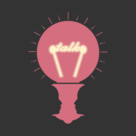 Social concept. Switch on bulb icon with talk text. Optical illusion. Human head make silhouette of electric lampのイラスト素材