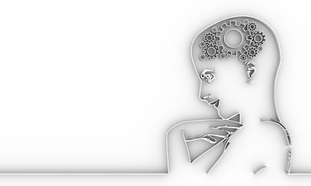 Face side view. Elegant outline silhouette of a female head. Portrait of a happy woman raising her hand to face. Mental health relative design. Gears group as a symbol of a brains. 3D renderingの写真素材