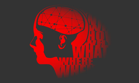 Abstract illustration of a human head with brain. Woman face silhouette. Connected lines with dots. Questions tags cloudのイラスト素材