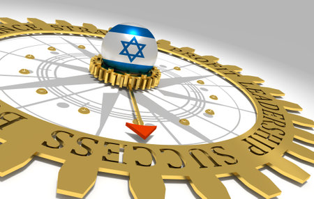 Business concept. Abstract compass points to the success word. 3D rendering. Flag of Israel.の写真素材
