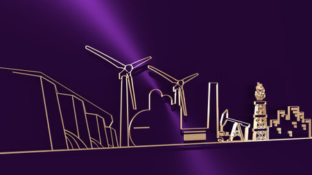 Concept of industrial plant and manufacture building. Energy and power icons set. Energy generation and heavy industry. Thin lines style. 3D renderingの写真素材