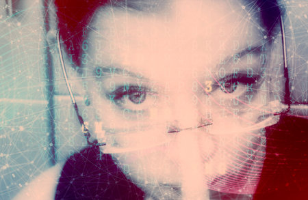 Face of beautiful woman with double exposure of network interface. Concept of artificial intelligence and machine learning.の写真素材
