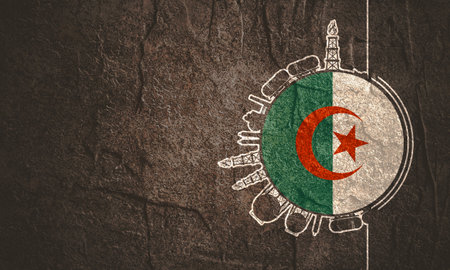 Circle with cargo theme relative silhouettes. Design set of natural gas logistics. Objects located around circle. Industry theme leaflet or brochure template with space for text. Flag of Algeriaの写真素材