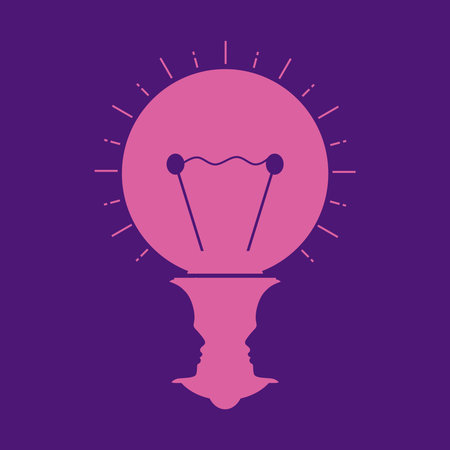 Business concept. Switch on bulb icon. Optical illusion. Human head make silhouette of electric lampのイラスト素材