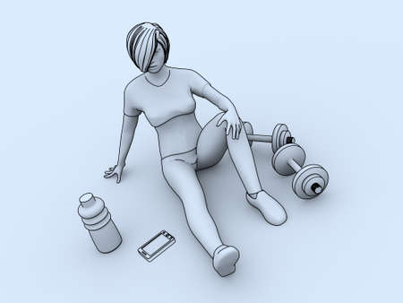 Sporty young woman sit on floor with dumbells. 3D illustrationの写真素材