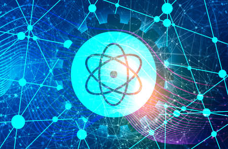 Pictograph of atom. Lines with dots connected backdropの写真素材