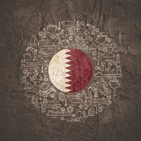 Sea port concept. Freight vessels or ships icons. Maritime transportation. Brochure, report or cover design template. Flag of Qatar in the center of circle frame with thin line icons.の写真素材