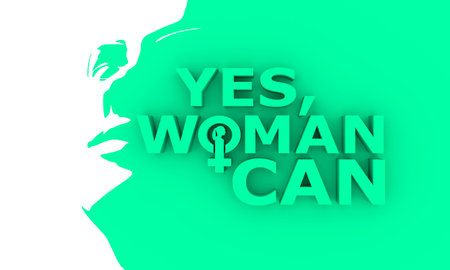 Yes woman can. Motivation typography quote. Creative typography poster concept. Female sign icon. Silhouette of woman head. 3D renderingの写真素材