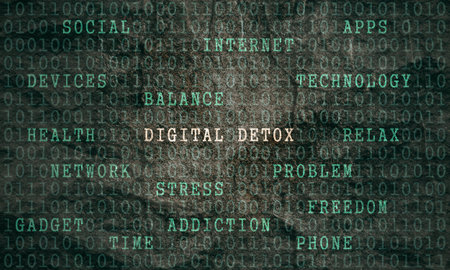 Digital detox concept. Words cloud inside machine codeの写真素材