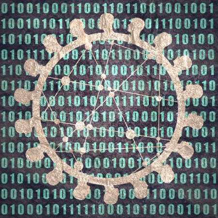 Man avatar profile view. Teamwork and communication concept. Digital matrix overlayの写真素材