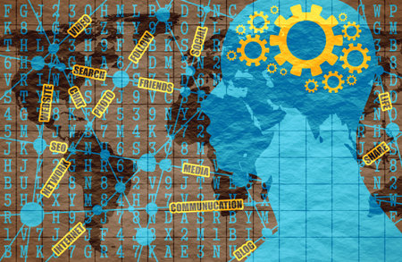 Man avatar profile view. Social media concept. Digital matrix overlay. Words cloud and map of...