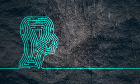 Profile of the head of a man. Scientific medical designs. Connected lines with dots. Robotics industry concept. Thin line styleの写真素材