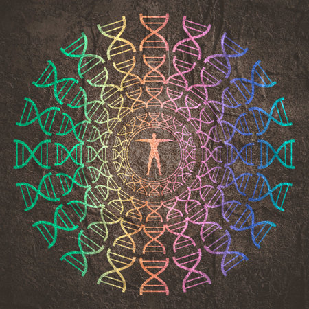Biochemistry concept. DNA chain and man silhouetteの写真素材