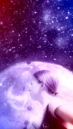 Young woman face. Nebula and stars in the sky