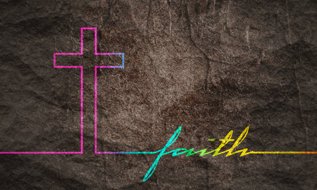Christianity concept illustration. Cross and faith word. Thin line styleの写真素材