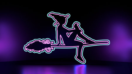 Vector illustration of flying young witch icon. Witch and raven silhouettes on a broomstick. Halloween relative image. 3D renderingの写真素材