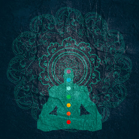 Bodybuilder relaxing. Human silhouette. Mandala circle on backdropの写真素材