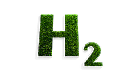 Eco friendly hydrogen energy concept. Hydrogen symbol with green grass. 3D renderingの写真素材