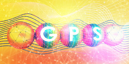 Acronym GPS - Global Positioning System. Technology conceptual image. Letters on striped spheres. 3D...