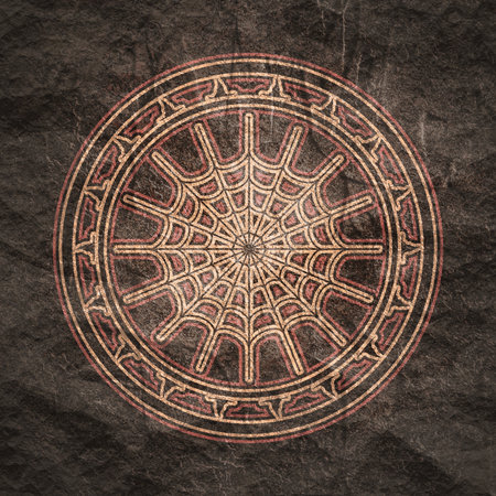 Badge with witch hat and spider net. Circle seal.の写真素材