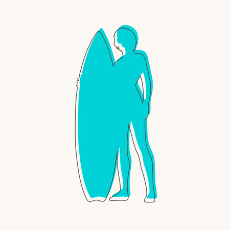 Woman posing with surfboard. Thin line styleのイラスト素材