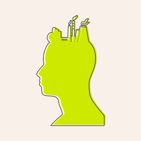 Head with factory for brain. Heavy industry and atomic energy.のイラスト素材