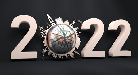 Sphere with sea shipping and travel relative silhouettes. Icons around zero digit in 2022 number. 3D...