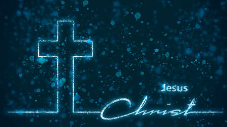 Cross and Jesus Christ name in thin lines style. Background from particlesの写真素材