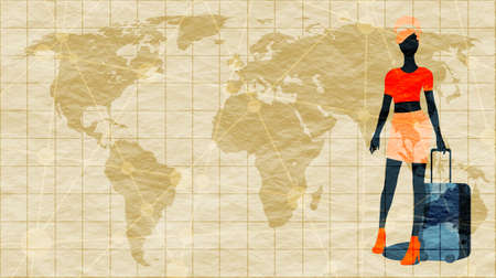 Woman traveler silhouette standing with baggage. World map backdropの写真素材