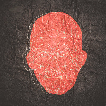 Wireframe mash head shape consisting of connected dots and lines.の写真素材