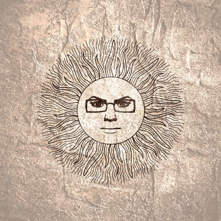 Thin line style sun with portrait of womanの写真素材