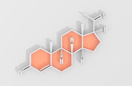 Progesterone hormone chemical molecular formula. Biochemistry and gynecology illustration. 3D renderingの写真素材