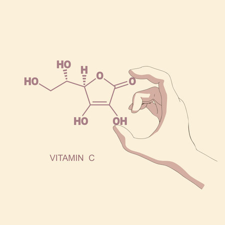 Infographics illustration. Hand holding formula of ascorbic acid.のイラスト素材