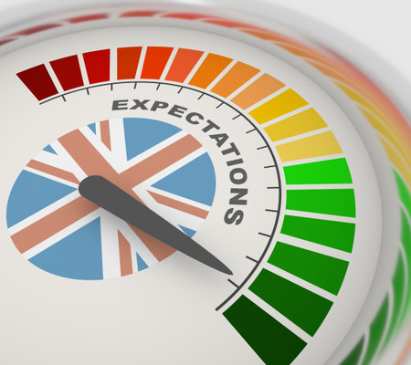 Expectations measuring device with arrow and scale. 3D rendering