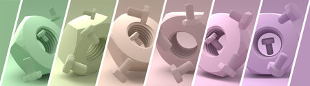 Nut and bolt models collage. 3D rendering