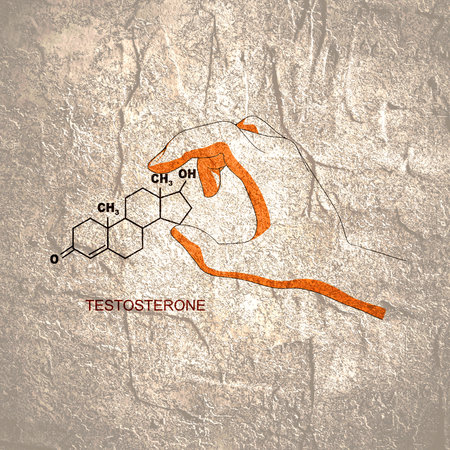 Infographics illustration. Hand holding formula of testosterone.