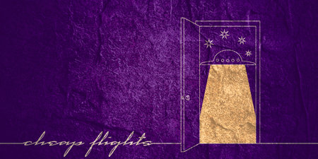 Space ship UFO ray of light in the night sky. Thin line styleの写真素材