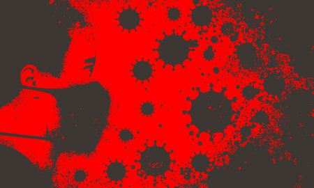 Abstract icon of man wearing a medical mask. Group of viruses on backdrop. Brochure or leaflet templateのイラスト素材