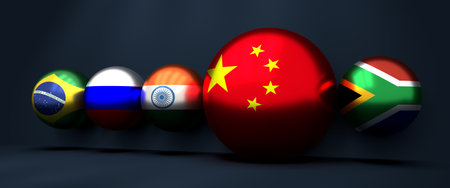 BRICS members national flags on spheresの写真素材