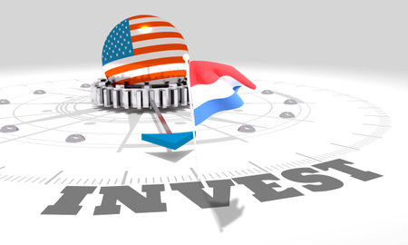 Business concept. Abstract compass points to the invest word and flag of India. 3D renderの写真素材