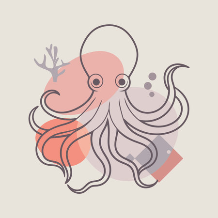 Octopus with tentacles. Cartoon sea and ocean animal. Cute giant kraken monster of fantasy story, cartoon creepy underwater cuttlefish. Thin lines style emblem for the menu of the seafood restaurant.のイラスト素材
