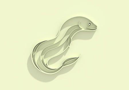 Cute cartoon eel emblem. Seafood shop logo, signboard. Restaurant menu, fish market, banner, poster design template. Fresh seafood or shellfish product. 3D renderの写真素材