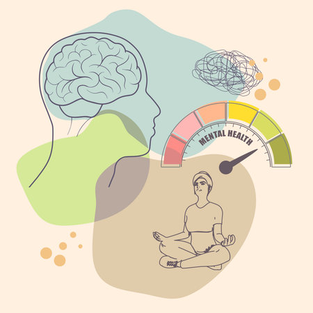 Human head with brain, woman in lotus pose and health meter. Psychology concept, mental balance, emotions and feelings control, patience or tolerance, self esteem and confidence level.のイラスト素材