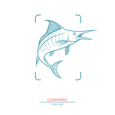 Sailfish, swordfish, marlin on blobs background. Seafood shop logo, signboard, restaurant menu, fish market, banner, poster design template. Fresh seafood. Fishing trophyのイラスト素材