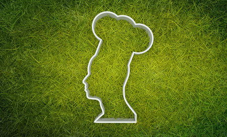 Chef in a cooking hat silhouette. Simple thin line icon. Green fresh spring grass. Ecology healthy diet concept. Natural background texture. 3D renderの写真素材