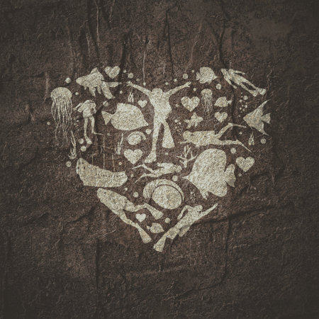 Heart Shape with Scuba Diving Theme Icons. Travel and Vacation Poster Concept.の写真素材