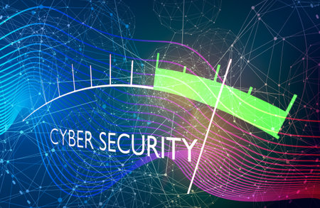Cyber security level on measure scale. Instrument scale with arrow. Data protection concept.